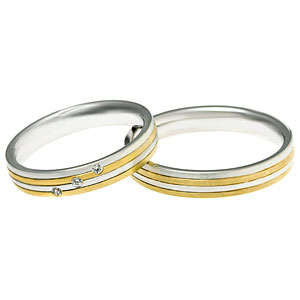 Sávos sárga és fehérarany eljegyzési gyűrű pár