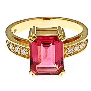Sárga arany gyémántgyűrű, nagyméretű turmalin kővel