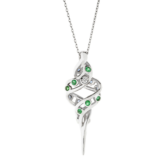 zafír, smaragd és gyémánt díszítésű csavart medál